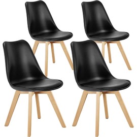 Sweetcrispy Dining Chairs Set of 4, Kitchen Room PU Leather Mid Century Modern Chairs, Upholstered Dining Desk Chairs with Wood Legs for Home Kitchen, Black
