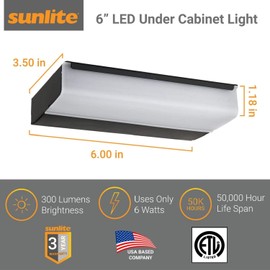Sunlite 53077 6-Inch LED Undercabinet Hardwired Fixture, 6 Watts(30W=), 300 Lumens, 3000K Warm White, Dimmable, 90 CRI, ETL Listed, Black, for Residential & Commercial Use