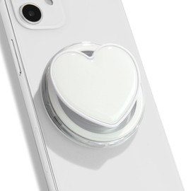 On The Grip Magnetic Cute Solid Macaron Color Heart Shape Collapsible Mobile Phone Grip Stand Holder for Smartphone Tablet Cell Phone Accessory (Magnetic Type, White)