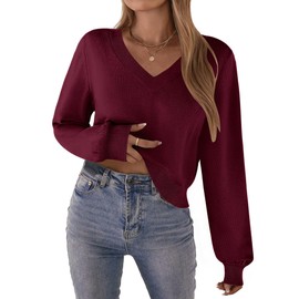 Zeagoo Womens Cropped V-Neck Sweater Lantern Sleeve Ribbed Knit Pullover Sweater Fall Fashion 2025 Wine Red