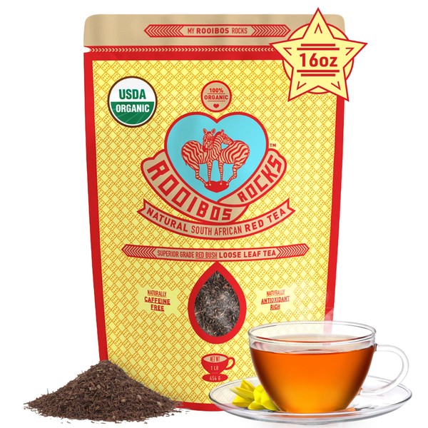ROOIBOS TEA ORGANIC LOOSE LEAF - 16oz, Caffeine Free, Herbal, South African Red Bush 100% Natural, Calorie Free, Gluten Free & Non-GMO Tea by Rooibos Rocks
