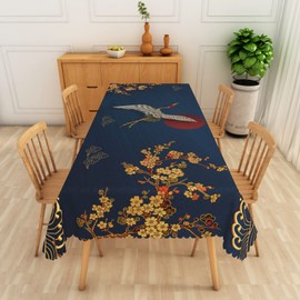 SIEDYCV Japanese Crane Tablecloth, 60x102 Inch Gold Cherry Blossom Clouds Red Sun Navy Blue Rectangle Table Cloth,Asian Chinese Style Table Cover for Kitchen Dining Wedding Theme Party Home Decor
