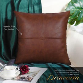 BRAWARM Faux Leather Throw Pillow Covers 22 X 22 Inches, Dark Brown Leather Pillow Cover, Hand Stitched Leather Decorative Pillow Cover for Couch Sofa Bed Living Room Home Garden