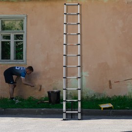 10.5Ft Aluminum Folding Ladder Telescopic Extension Ladder Retraction Collapsible Ladder Portable Lightweight Ladder Type Max Reach 3.2M 330lbs Capacity Silver/Black