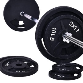 Fitvids Cast Iron Standard Weight Plates Including 5FT Standard Barbell with Star Locks, 95-Pound Set (85 Pounds Plates + 10 Pounds Barbell), Multiple Packages, Style #7