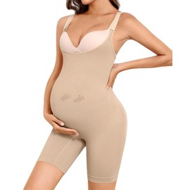 Y25D Women's Maternity Bodysuit Seamless Pregnancy Shapewear Shorts Under Dresses Belly Support Nude