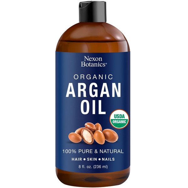 Nexon Botanics Organic Argan Oil for Skin 8 fl oz - Morocco Organic Argan Oil for Hair Growth - 100% Pure Argon Oil for Hair, Face, Body - Moroccan Cold Pressed - Aceite de Argan