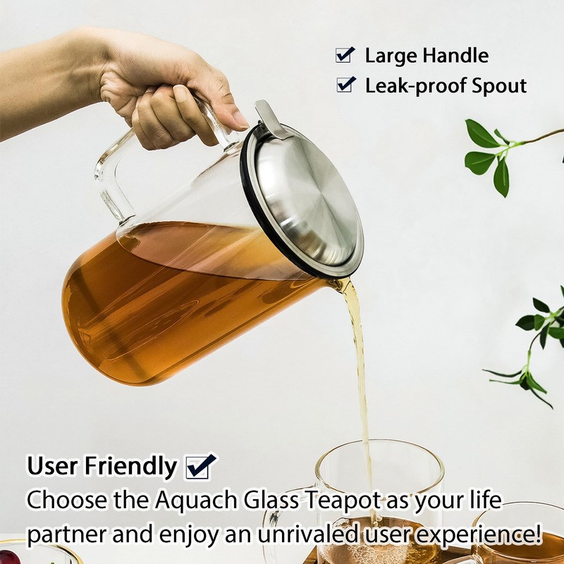 Aquach 51oz Glass Teapot with Stainless Steel Removable Infuser, Stovetop