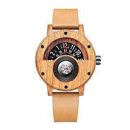 GORBEN Men's Wood Watch Unique Leather Band Turntable Dial Men Military Watches with Compass Quartz Watch