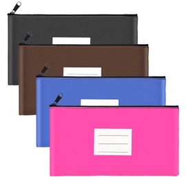 COZEFFIC 4-Pack Bank Deposit Money Bags with Zipper, 11 x 6 Inches, PU Leather Cash Pouches with Label, for Coins, Cosmetics, Bills, Tools, Hot Pink & Blue & Black & Brown