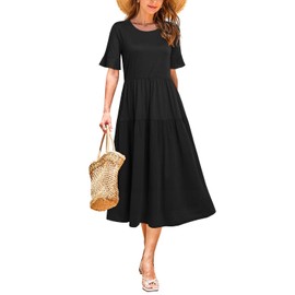 STYLEWORD Womens Summer Dresses Midi Casual Short Sleeve High Waist Maxi Sundress Beach Wedding Party Spring Dress 2024(Black,L)