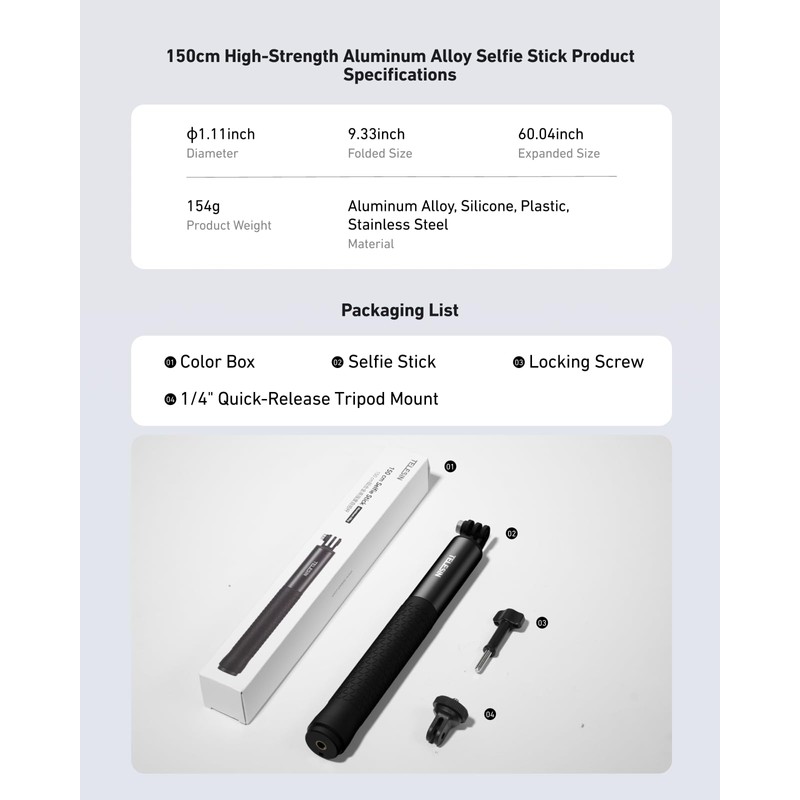 TELESIN Selfie Stick (150cm/59), Waterproof Carbon Fiber Extension Pole