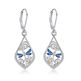 POPLYKE Lotus Dragonfly Earrings Sterling Silver Lotus Earrings for Women Enamel Leverback Earrings Lotus Jewelry for Girls Birthday Gifts CZ