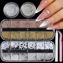 SEMATA Nail Art Charms Gold Silver Nail Beads White Nails Pearls Mixed Size 0.02-0.08in Metal Caviar Bead Nails Gems Design Decoration for Women Manicure DIY