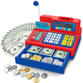 Red Pretend Play Calculadora de caja registradora, regalo para niños de 3 años
