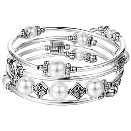 BULINLIN Beaded Pearl Layered Bangle Bracelet for Women Turquoise Bohemian Thick Silver Plated Fashion Jewellery Gifts for Birthday(White pearl)