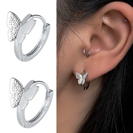 Atentuyi Butterfly Earrings Silver Small Hoop Earrings Post Huggie Earring Mini Huggie Hoop Earrings Butterfly Stud Earrings Small Round Earrings Jewelry for Women and Girls