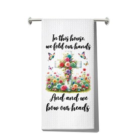 LEVLO Christian Cross Kitchen Towel Religious Gift in This House We Fold Our Hands and and We Bow Our Heads Christian Housewarming Gift (in This House Towel)