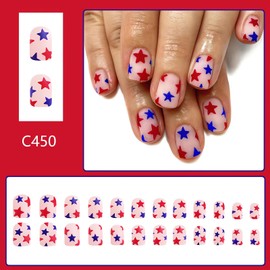 Square Star Press on Nails Short Fake Nails, LPOODDNU Blue Red Independence Day False Nails Pink Full Cover Stars Glue on Nails Finger Manicure Stick on Nails, 24Pcs