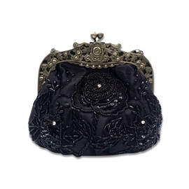 CORIOS Vintage 1920s Beaded Evening Bag Pearl Clutch Bag for Women Bridal Wedding Purse Sequin Rhinestone Handbag Exquisite Handmade Embroidery Floral Shoulder Bag Glitter Crossbody Bag Black