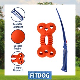 Rosewood Fit Dog Rubber Bone Throw Toy with Foldable Launcher – Durable Fetch Toy and Flinger for Active Dogs – Outdoor Dog Toy for Small, Medium & Large Breeds