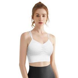 Women’s Shirred Front Sports Bra Spaghetti Straps Cross Back Cropped Medium Impact Workout Bra with Removable Pads