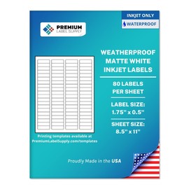 Premium Label Supply Waterproof White Return Address Sticker Labels – 1.75" x 0.5" – Inkjet Printers Only – (80 per Sheet), 10 Sheets - 800 Total Adhesive Labels