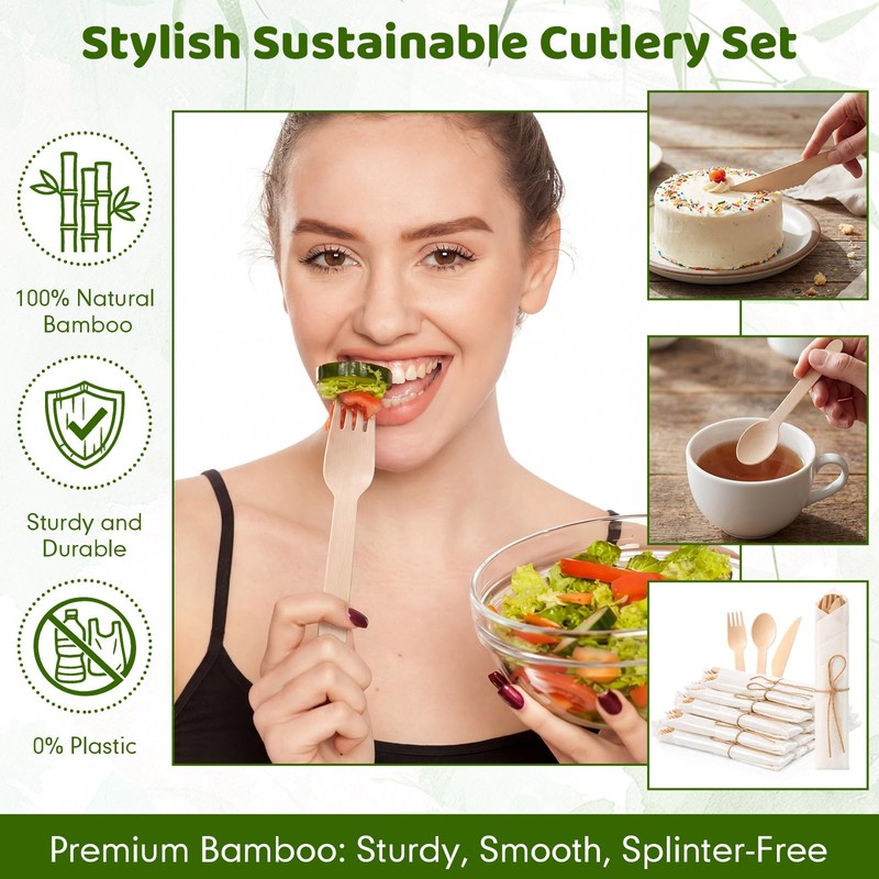 Nuenen 600 Pcs Pre Rolled Napkin and Bamboo Cutlery Set