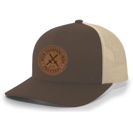 Heritage Pride Christian Iron Sharpens Iron Proverbs 27:17 Laser Engraved Leather Patch Mesh Back Trucker Hat, Brown/Khaki