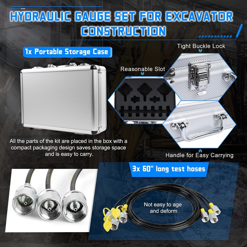 SINOCMP Hydraulic Pressure Gauges Test Kit 4000/6000/10000PSI, 9 Couplings 3