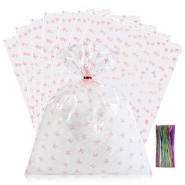 SOMIOCO Clear 100 PCS 8X12 In Cello Cellophane Treat Bags Party Favor Bags Pink Candy Cookie Bags Clear Plastic Gift Goodie Bags with Twist Tie for Birthday,Baby shower,Wedding,party(Bow pattern)