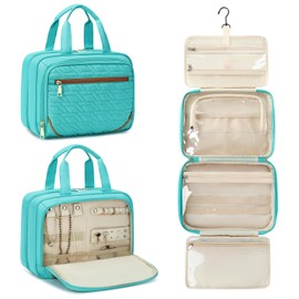 ASKSKY Travel Toiletry Bag for Women, Waterproof Hanging Toiletry Bags with Jewelry Organizer, Cosmetic Makeup Bag Organizer, Full-size Container, Travel Essentials Accessories, Shampoo, Green