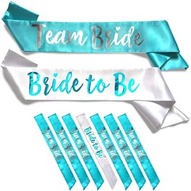 Team Bride 7pc Satin Sash Set - Sophisticated & Fun Party Favors for Bachelorette Party, Bridal Shower & Wedding Party (7pc Set, White & Teal)