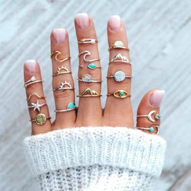 19PCS Boho Turquoise Knuckle Stacking Rings for Women Vintage Stackable Star Moon Wave Peak Sea Rhinestone Joint Midi Finger Rings Set (Turquoise)