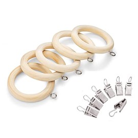 Wood Curtain Rings with Clips Set of 12, 2.25 Inch, Natural Unfinished