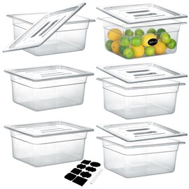 BIEAMA BIEAMA 6 Pack NSF Food Pans with Lids, 1/2 Size 6' Deep Commercial Food Storage Containers, Polycarbonate, Clear