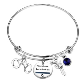 CENWA Police Wife Police Mom Jewelry Peace Love Back The Blue Bracelet Thin Blue Line Shield LEO Police Academy Gift (Peace Love Blue-Br)