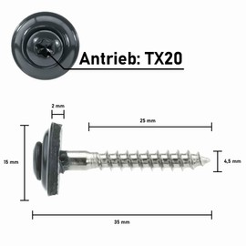 Plumbing Screws Stainless Steel A2 with EPDM Sealing Washer 15 mm - 4.5 x 35 mm - Anthracite RAL 7016 TX20, Pack of 50