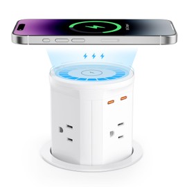 BTU Pop Up Outlet for Countertop with 15W Wireless Charger, 20W USB C Fast Charging & 4 AC Outlet, 3 1/2” Hole Desk Charging Station Pop Out Outlet for Office, Conference, Kitchen Use