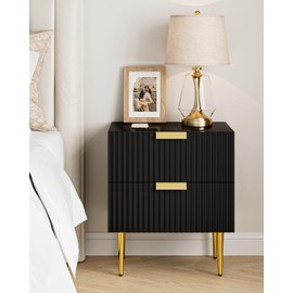AEPOALUA Nightstand, Bedside Table with Gold Frame,Black Night Stand, End Table with 2Drawer, Mid Century Modern Bedside Table, Dresser for Bedroom,Living Room