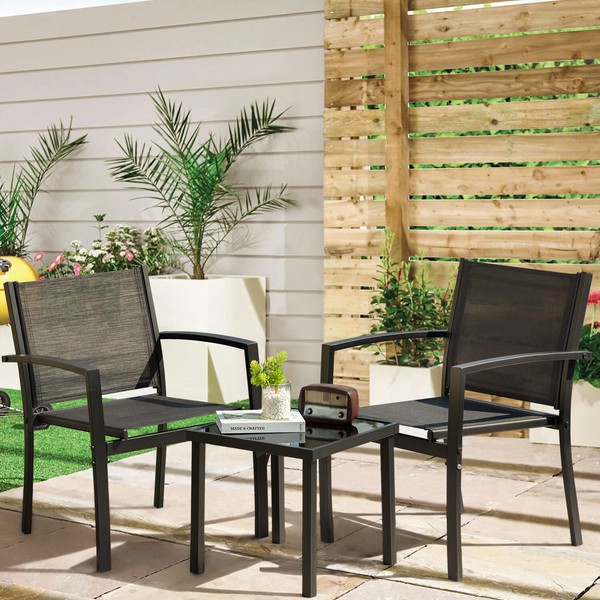 Greesum 3 Pieces Patio Furniture Outdoor Bistro Set Textilene Fabric Chairs for Lawn, Garden, Balcony, Poolside with A Glass Coffee Table, Black