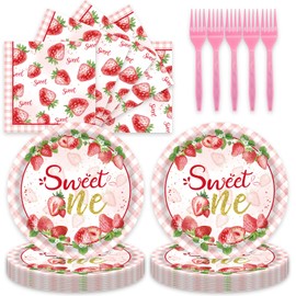 48Pcs Berry First Birthday Decor Strawberry Decor for Baby Shower Decorations Pink Strawberry Birthday Decorations with Paper Plates and Napkins Forks Serve 16