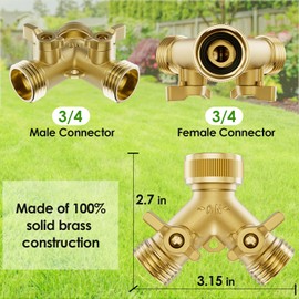 SPECILITE Heavy Duty Brass Garden Hose Splitter 2 Way, Water Hoses Y Connector with 6 Extra Rubber Washers, 1 Teflon Tape for Water Tap, Outlet
