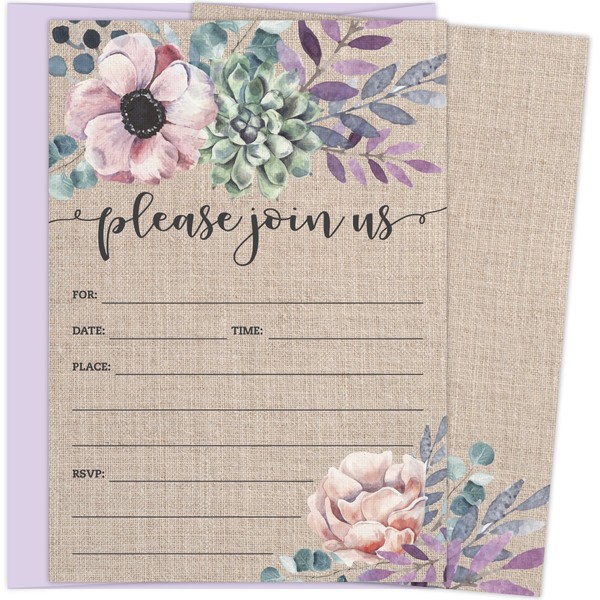 Rustic Burlap Invitations with Florals. 25 Lavender Envelopes and Fill