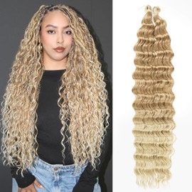 CHARSUN Deep Wave Crochet Hair Curly Braiding Hair 22 Inch Ocean Wave Braiding Hair Extensions For Black Women Synthetic Blonde 2 Pack Boho Braids Extension(27/613#)