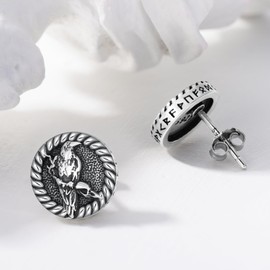 Raven Earrings for Men Women 925 Sterling Silver Crow Earrings Viking Rune Stud Earrings Norse Jewelry for Birthday Christmas, 10*10mm, Sterling Silver, No Gemstone