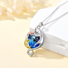 925 Sterling Silver 3 Cats Mom Cat Pendant Necklace with Blue Heart Crystal from Austria, Birthday Jewelry Gifts for Women