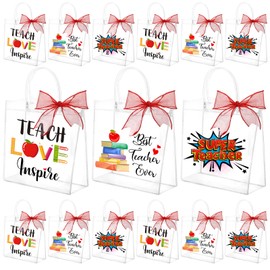 SilTriangle 30 Pcs End of The Year Teacher Gifts Bags Bulk with Handle 7.8 x 7.8 x 3.1'' Reusable Clear Teacher Gift Bag with Bow Ribbon Thank You PVC Plastic Bag for Graduation Party Supply(Bright)