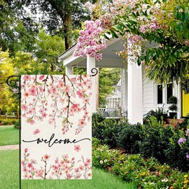 Baccessor Spring Summer Welcome Garden Flag 12.5 x 18 Inch Double Sided Burlap Pink Floral Cherry Blossom Green Leaf Farmhouse Small Yard Flag Summer Holiday Seasonal Outdoor Outside Decoration