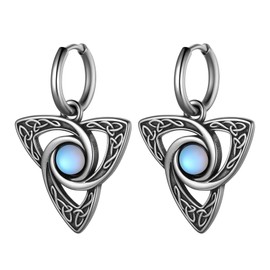 Celtic Knot Triangle Vintage Dangle Drop Earrings, Moonstone Good Luck Irish Trinity Stainless Steel Hoop Earrings (white)